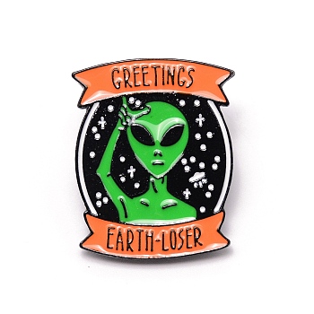 Greetings Earth-loser Alien Cartoon Enamel Pin, Zinc Alloy Enamel Brooch for Jacket Backpack, Electrophoresis Black, Colorful, 35x28x9mm, Pin: 1.1mm