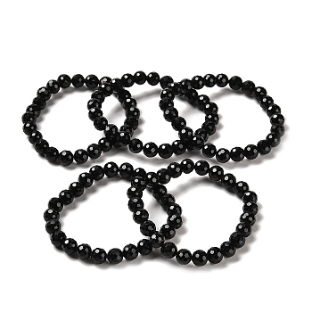 Natural Black Tourmaline Beaded Stretch Bracelets, Faceted Round, Inner Diameter: 2~2-1/8 inch(5.1~5.3cm)