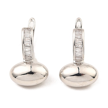 Brass with Cubic Zirconia Hoop Earrings, Egg Shape, Platinum, 27x15mm