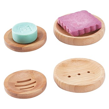 PandaHall Elite 4Pcs 2 Style Flat Round Natural Bamboo Soap Case Holder, Bathtub Shower Dish Accessories, for Sponges and Scrubber, BurlyWood, 80~100x12~17mm, 2pcs/style