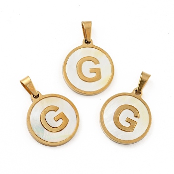 Vacuum Plating 304 Stainless Steel with White Shell Pendants, Golden, Flat Round with Letter Charm, Letter.G, 18x16x1.5mm, Hole: 3x6mm