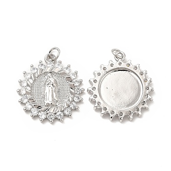 Brass Micro Pave Cubic Zirconia Pendants, with Jump Ring, Flower with Religion Virgin Mary Charm, Platinum, 25.5x23x3mm, Hole: 3.3mm