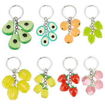 Fruit Resin Pendant Keychains, with Iron Findings, for Car Key Bag Decoration, Mixed Color, 7.3~8.6cm, 8 style, 1pc/style, 8pcs/set