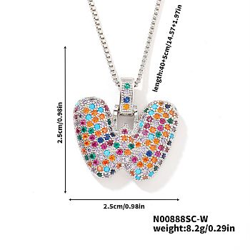 Brass Pave Colorful Cubic Zirconia Letter Pendant Box Chain Necklaces, Platinum, Letter W, 15.75 inch(40cm)