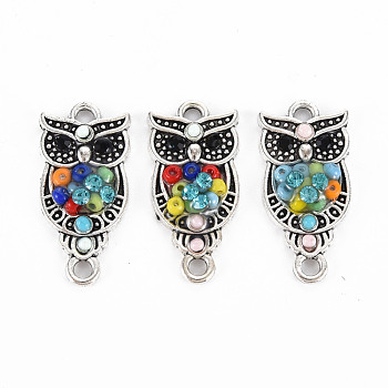 Alloy Links Connectors, with Glass Seed Beads and Rhinestone, Antique Silver, Owl, Colorful, 23x11x4mm, Hole: 2mm