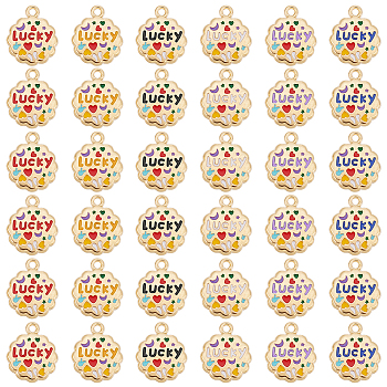 ELITE 36Pcs 6 Colors Alloy Pendants, with Enamel, Light Gold, Flower with Word Lucky, Mixed Color, 16.5x14x2mm, Hole: 1.5mm, 6pcs/colors