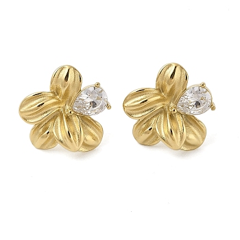 304 Stainless Steel with Clear Cubic Zirconia Stud Earrings for Women, Flower, Golden, 22x23mm