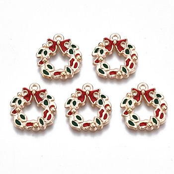 Alloy Enamel Pendants, Cadmium Free & Lead Free, Christmas Wreath with Bowknot, Light Gold, Red, 17x15.5x2.5mm, Hole: 1.6mm
