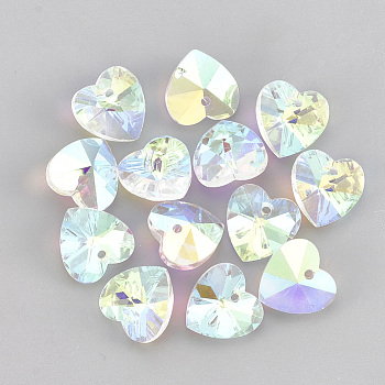 Glass Rhinestone Charms, Heart, Crystal AB, 14x14x7.5mm, Hole: 1.6mm