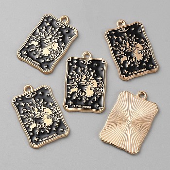 Zinc Alloy Enamel Pendant, Light Gold, Rectangle with Tarot Card Charms, Black, 28x18x1mm, Hole: 1.4mm