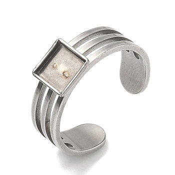 304 Stainless Steel Cuff Ring Findings, Square Pad Ring Base Setting Findings, Stainless Steel Color, 7x7mm, 18mm, Tray Size: 6x6mm