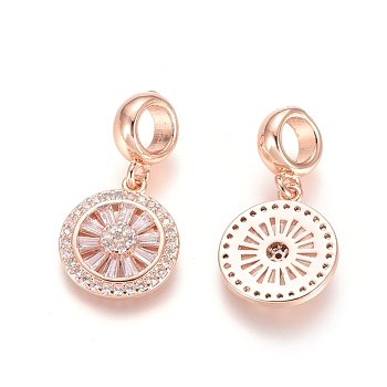 Brass Micro Pave Cubic Zirconia European Dangle Charms, Large Hole Pendants, Flat Round, Clear, Rose Gold, 24mm, Flat Round: 15x13x2.5mm, Hole: 5mm