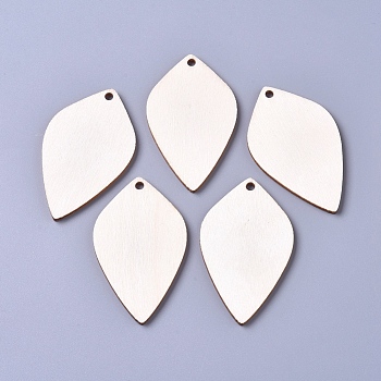 Unfinished Blank Poplar Wood Big Pendants, Undyed, Leaf, for Jewelry Making, Floral White, 58.5x34.9x2.5mm, Hole: 3mm