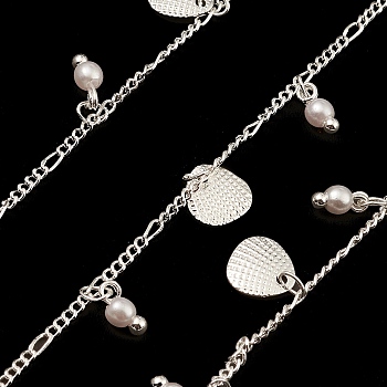 Brass Curb Chains, with Shell & Plastic Pearl Beads Charms, Unwelded, with Spool, Silver, 2x1x0.5mm