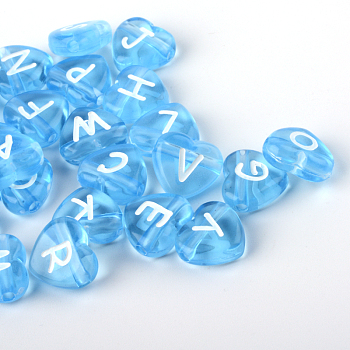 Transparent Acrylic Heart Horizontal Hole Letter Beads, Dodger Blue, 10.5x11.5x4.5mm, Hole: 2mm, about 1300pcs/500g