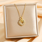 Brass Micro Pave Clear Cubic Zirconia Heart Pendant Necklaces, 304 Stainless Steel Cable Chain Necklaces, Real 18K Gold Plated, 16.06 inch(40.8cm)(NJEW-K280-07G)