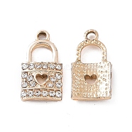 Alloy Crystal Rhinestone Pendants, Lock with Heart Charms, Light Gold, 21x11x2.5mm, Hole: 2.1mm(ALRI-C008-44KCG)