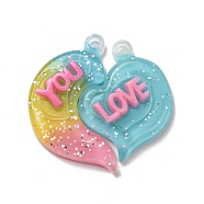 Gradient Color Translucent Resin Pendants, with Glitter Powder, Couple Heart Charm with Word LOVE YOU, Hot Pink, 39x38.5x5.5mm, Hole: 3.5mm, 2pcs/set(RESI-G048-01F)
