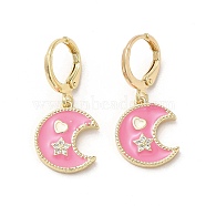 Moon & Star Real 18K Gold Plated Brass Dangle Leverback Earrings, with Enamel and Cubic Zirconia, Pearl Pink, 28x13mm(EJEW-L268-029G-02)