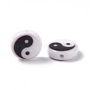 Opaque Acrylic Beads, Flat Round with Yin Yang Pattern, White, 10x5mm, Hole: 1.8mm(SACR-E008-02A-02)