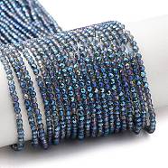 Electroplate Transparent Glass Beads Strands, Rainbow Plated, Faceted Round, Marine Blue, 2mm, Hole: 0.7mm, about 184~187pcs/strand, 14.45''(36.7cm)(GLAA-H021-01A-FR05)