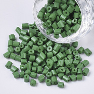 6/0 Glass Bugle Beads, Baking Paint, Green, 3.5~5x3.5~4mm, Hole: 1mm, about 4500pcs/bag(SEED-S032-05B-06)