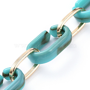 Handmade Acrylic & Aluminium Cable Chains, Imitation Gemstone, Flat Oval, for Jewelry Making, Light Gold, Dark Turquoise, Link: 18.5x11.5x4.5mm, 14.5x8.5x1.5mm, about 39.37 inch(1m)/strand(AJEW-JB00560-02)