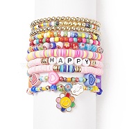 11Pcs 10 Style Synthetic Turquoise(Dyed) & Hematite & Millefiori Glass Stretch Bracelets Set with Word Happy Beaded, Sunflower & Cloud Charms Stackable Bracelets, Polymer Clay Preppy Jewelry for Women, Mixed Color, Inner Diameter: 2~2-1/8 inch(5~5.5cm)(BJEW-JB08832)