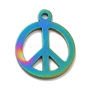 Ion Plating(IP) 201 Stainless Steel Pendants, Flat Round with Peace Symbol, Rainbow Color, 14x11.5x1mm, Hole: 1mm(STAS-P312-04MC)