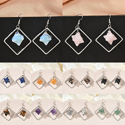 Rhombus Brass Dangle Earrings, with Natural & Synthetic Mixed Stone, Long-Lasting Plated, Platinum, 60x40mm(EJEW-D360-01P)