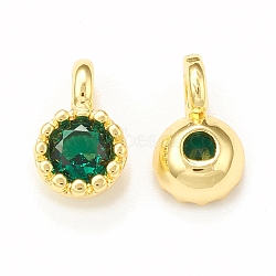 Green Glass Pendnants, with Brass Findings, Flat Round Charms, Real 18K Gold Plated, 7x4x2.5mm, Hole: 1mm(KK-P228-29G)