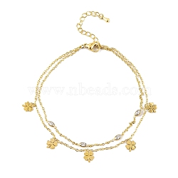 Ion Plating(IP) 304 Stainless Steel Chains Anklet, with Cubic Zirconia Charms Anklet, Golden, Clover, 8-1/4 inch(21cm)(AJEW-H148-13F-G)
