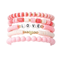 5Pcs 5 Style Word Love Acrylic & Brass Heart & Polymer Clay Disc Beaded Stretch Bracelets Set for Valentine's Day, Pink, Inner Diameter: 2-3/8~2-3/4 inch(6~7cm), 1Pc/style(BJEW-TA00314)