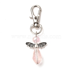 Faceted Teardrop Glass Pendants, with Faceted Glass Beads, Alloy Butterfly Beads & Swivel Lobster Claw Clasps, Iron Pins & Bead Caps, Angel, Pink, 61mm, Pendant: 32x21.5x9.5mm(HJEW-JM00534-02)