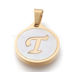 304 Stainless Steel Pendants, with Shell, Flat Round with Alphabet, Golden, Letter.T, 20.5x18x2.5mm, Hole: 7x4mm(STAS-O138-21p-T)