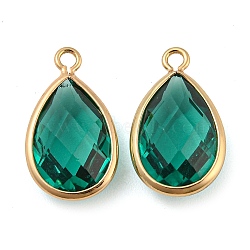 Brass with Sea Green Glass Pendants, Faceted Teardrop Charms, Long-Lasting Plated, Golden, 15.5x9x5mm, Hole: 1.4mm(KK-G486-04G)