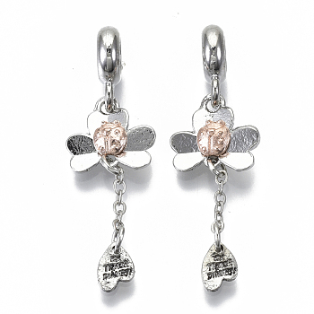 Alloy European Dangle Charms, Large Hole Pendants, Insect with Clover, Platinum & Rose Gold, 40mm, Hole: 5mm, Insect: 12x13x3mm, Heart: 7x5x1mm