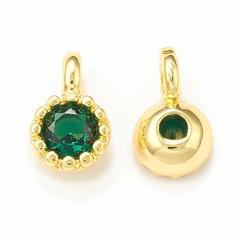 Green Glass Pendnants, with Brass Findings, Flat Round Charms, Real 18K Gold Plated, 7x4x2.5mm, Hole: 1mm