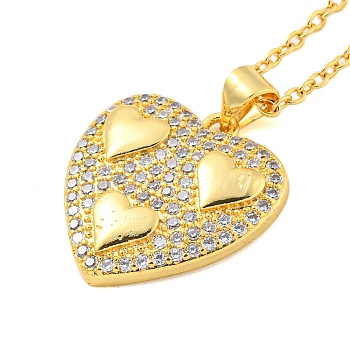 Brass Micro Pave Clear Cubic Zirconia Pendant Necklaces, Heart, Real 18K Gold Plated, 17.68 inch(449mm), Heart: 21.5x19.5mm