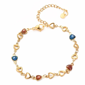 304 Stainless Steel Link Bracelets, with Resin and Lobster Claw Clasps, Heart, Colorful, Golden, 7-3/4 inch(19.8cm)