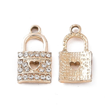 Alloy Crystal Rhinestone Pendants, Lock with Heart Charms, Light Gold, 21x11x2.5mm, Hole: 2.1mm