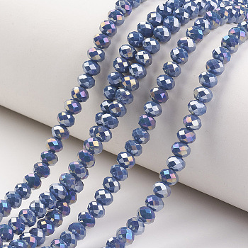 Electroplate Glass Beads Strands, Opaque Solid Color, AB Color Plated, Faceted, Rondelle, Steel Blue, 4x3mm, Hole: 0.4mm, about 113~115pcs/strand, 41~41.5cm