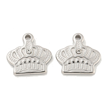 304 Stainless Steel Rhinestone Pendants, Crown Charm, Stainless Steel Color, 14.5x15x3mm, Hole: 1.6mm