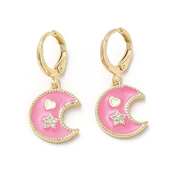 Moon & Star Real 18K Gold Plated Brass Dangle Leverback Earrings, with Enamel and Cubic Zirconia, Pearl Pink, 28x13mm