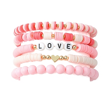 5Pcs 5 Style Word Love Acrylic & Brass Heart & Polymer Clay Disc Beaded Stretch Bracelets Set for Valentine's Day, Pink, Inner Diameter: 2-3/8~2-3/4 inch(6~7cm), 1Pc/style