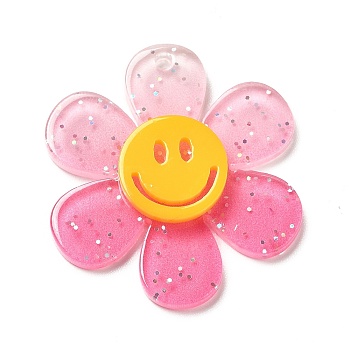 Gradient Color Transparent Acrylic Pendants, with Sequins, Sunflower with Smiling Face Charm, Pale Violet Red, 30x27x4mm, Hole: 1.6mm