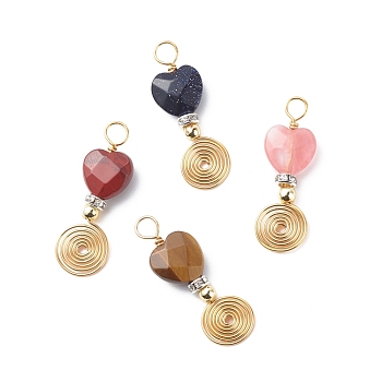 Natural & Synthetic Mixed Gemstone Pendants, with Golden Tone Copper Wire, Synthetic Hematite Beads and Brass Crystal Rhinestone Spacer Beads, Faceted Heart Charm, 30.5x9.5x5mm, Hole: 3.5mm