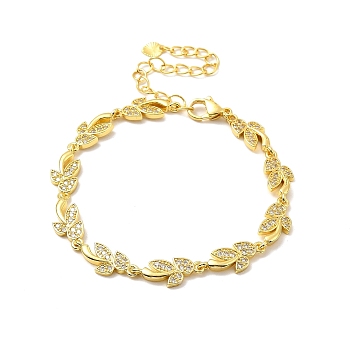 Clear Cubic Zirconia Leaf Link Chain Bracelet, Rack Plating Brass Jewelry for Women, Lead Free & Cadmium Free, Long-Lasting Plated, Real 18K Gold Plated, 7-1/8 inch(18.2cm)