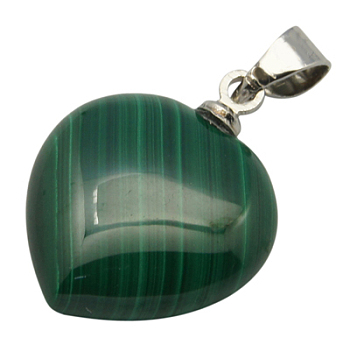 Gemstone Pendants, with Alloy Findings, Natural Malachite, Grade A, Heart, Green, 15x15x6mm, Hole: 3mm
