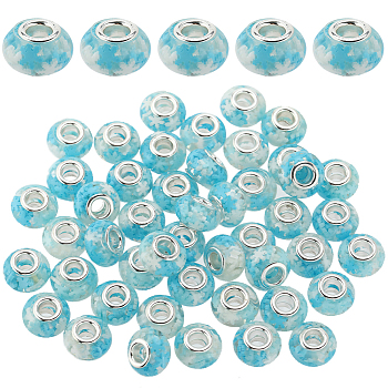50Pcs Transparent Resin European Rondelle Beads, Large Hole Beads, with Snowflake Polymer Clay and Platinum Tone Alloy Double Cores, Light Sky Blue, 14x8.5mm, Hole: 5mm